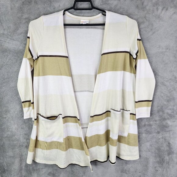 Womens LuLaRoe Beige & Brown Striped Open Front Cardigan Pockets Long Sleeve M - Picture 2 of 8